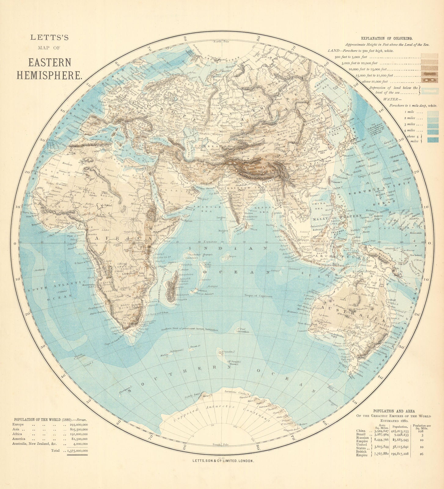 EASTERN HEMISPHERE relief. Europe Africa Asia Australia. LETTS 1892 old map